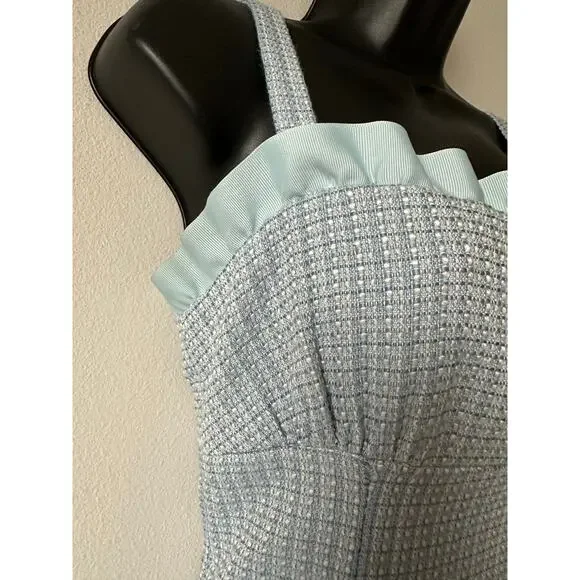 Vintage 90s Y2K Blue Tweed Mini Dress Coquette Boucle Ruffle Trim Size 8 - Picture 4 of 10